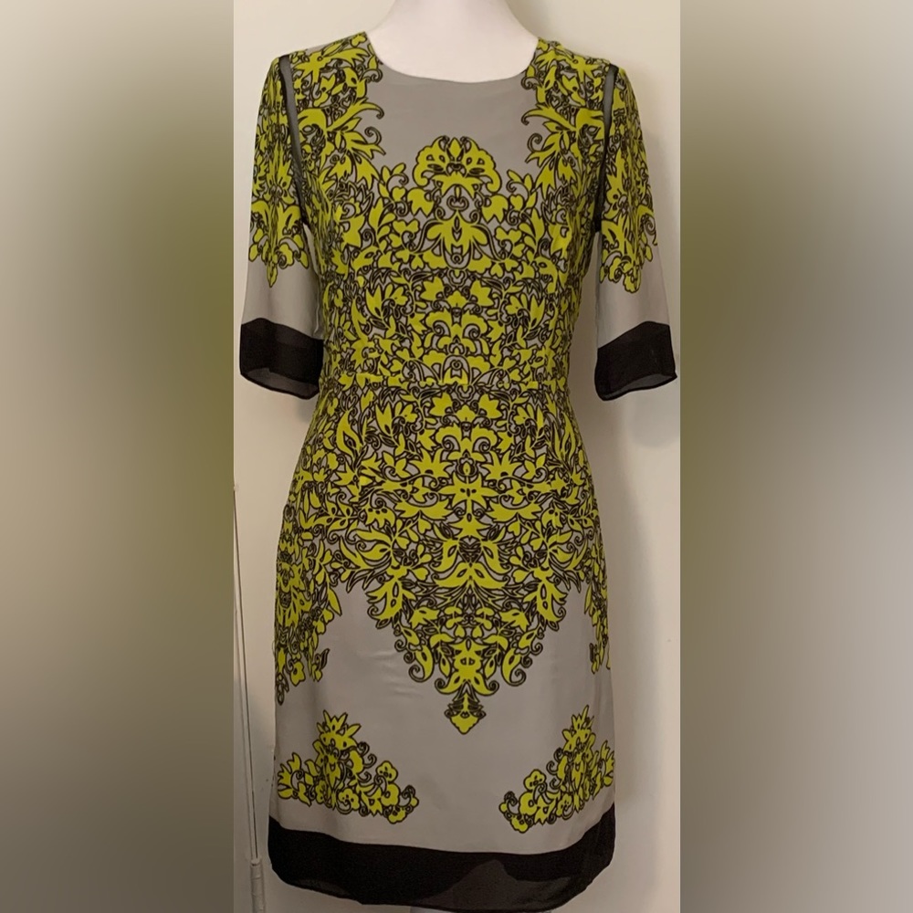 Milly Gray And Green 100% Silk Dress with Floral Print